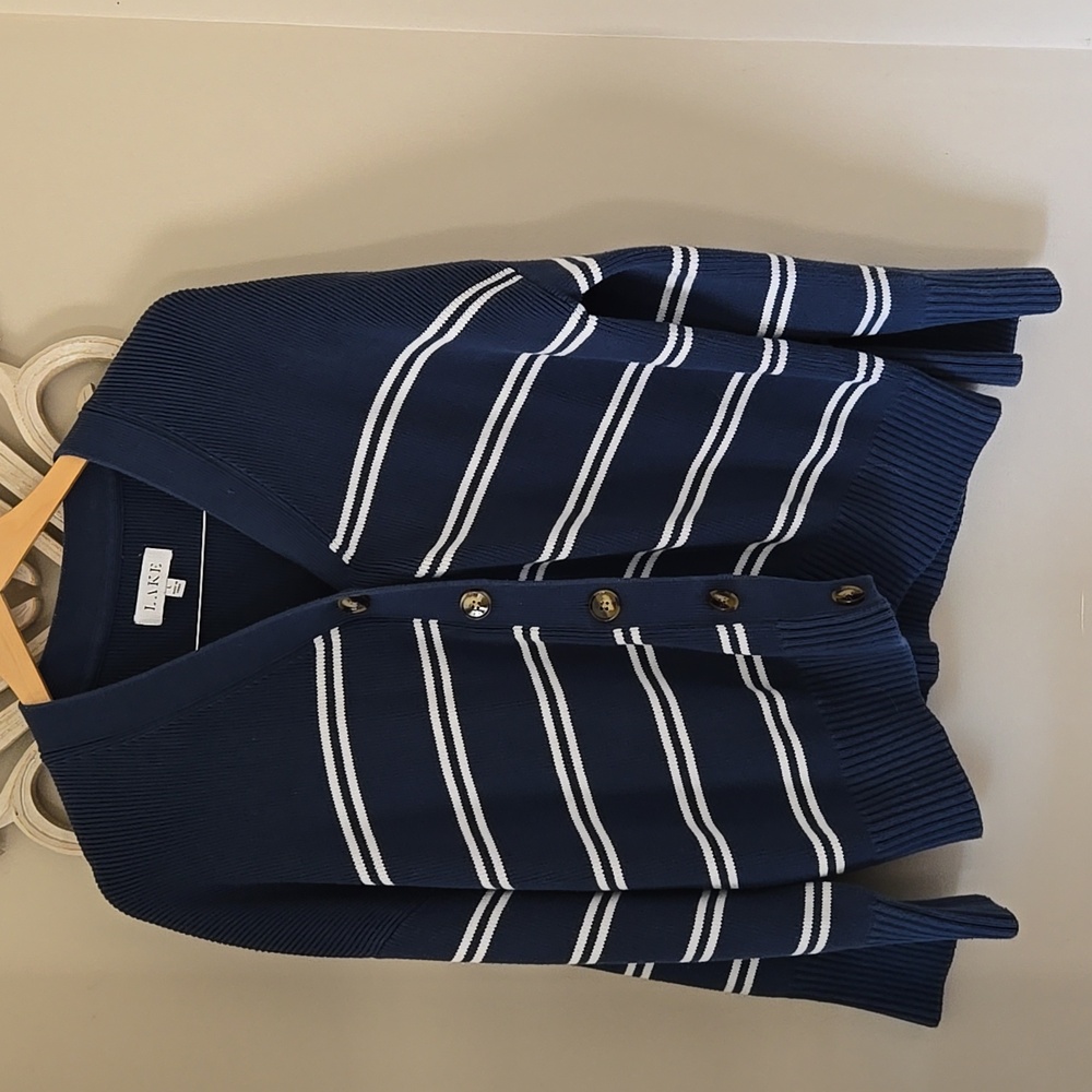 Navy Striped Button-Front Cardigan Sweater - Picture 2 of 10